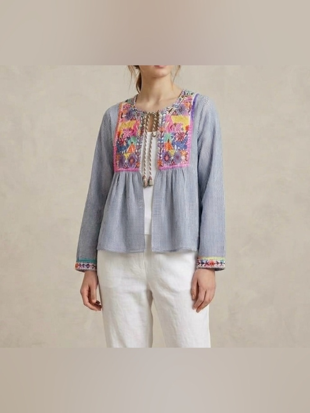 Paper Heart Boho Embroidered Striped Blouse Blue White Festival Top Tie Neck